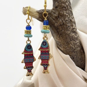 Fish Earrings Red and Blue Beaded Fish Dangle Drop Earrings Boho Chic Gold Fish Jewelry Enamel Earrings Bohemian Style Gift for Her