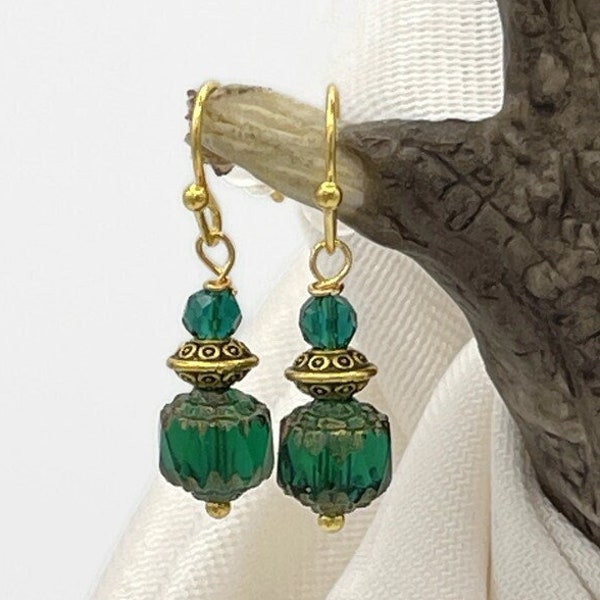 Small Green Earrings Emerald Green Earrings Czech Glass Cathedral Bead Earrings Minimalist Gold Dangles Dainty Earrings May Birthstone Gift