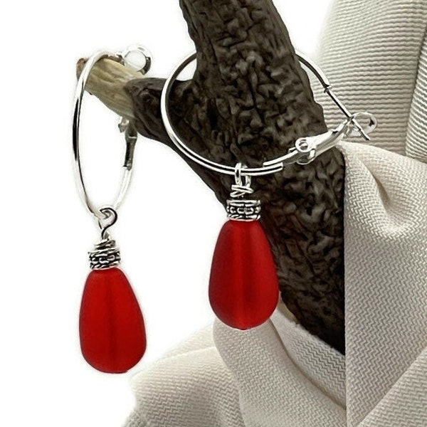 Red Seaglass Earrings, Red and Silver Hoop Dangle, Red Sea Glass Earrings, Frosted Teardrop Bead Earrings, Recycled Glass Jewelry, Gift