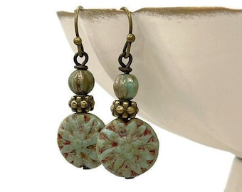 Sage Green Dahlia Flower Earrings Czech Glass Dangle Bronze Earrings Floral Drop Earrings Summer Jewelry Gift Boho Beaded Earrings Picasso