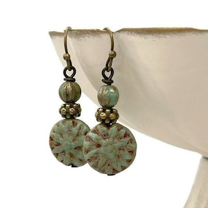 Sage Green Dahlia Flower Earrings Czech Glass Dangle Bronze Earrings Floral Drop Earrings Summer Jewelry Gift Boho Beaded Earrings Picasso