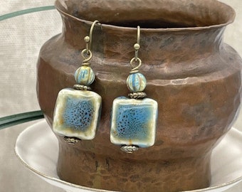 Rustic Ceramic Earrings Blue Earrings Square Bead Earrings Blue Dangle Earrings Glazed Bead Earrings for Her Rustic Ceramic Jewelry
