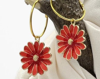 Daisy Hoop Earrings, Red Orange Flower Earrings, Floral Earrings, Daisy Jewelry, Enamel Earrings, Dangle Hoop Earrings, Statement Earrings