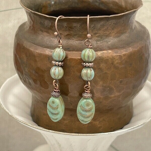 Green Boho Dangle Earrings Czech Glass Beaded Copper Earrings Handmade Trendy Earthy Sage Sea Green Bead Earrings Gift for Her