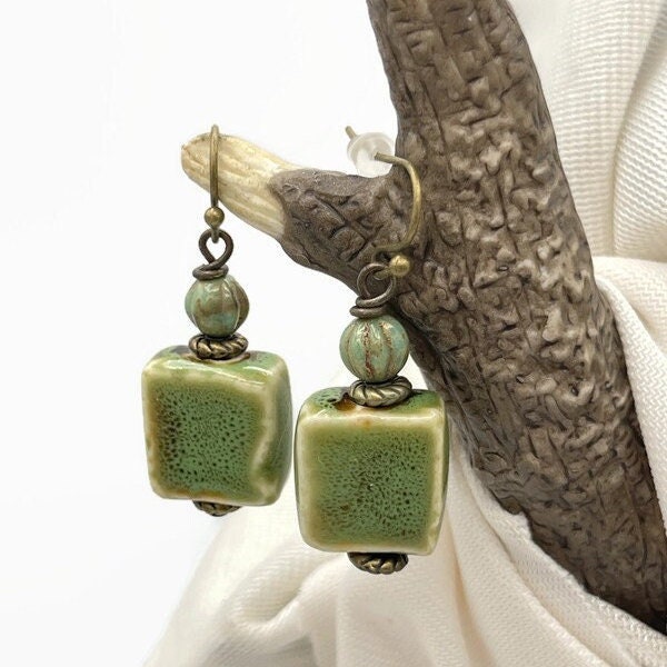 Rustic Ceramic Earrings Olive Green Earrings Square Bead Earrings Green Dangle Earrings Glazed Bead Earrings for Her Rustic Ceramic Jewelry