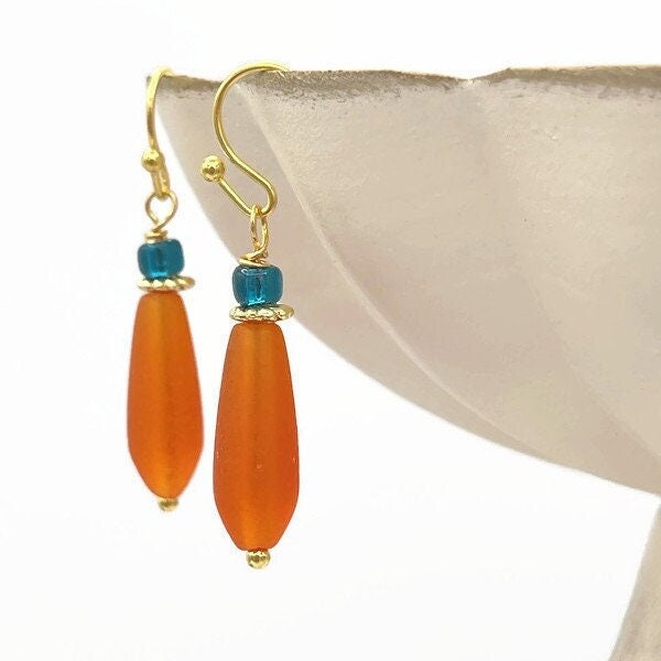 Orange Seaglass Earrings Orange and Blue Earrings Frosted Orange Thin Teardrop Bead Earrings Gold Dangle Drop Recycled Glass Jewelry Gift