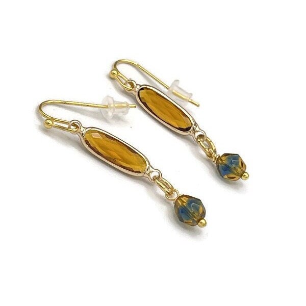 Pretty Topaz Citrine Earrings Thin Elegant Dangle Drop November Birthstone Jewelry Faceted Glass Beaded Earrings for Her