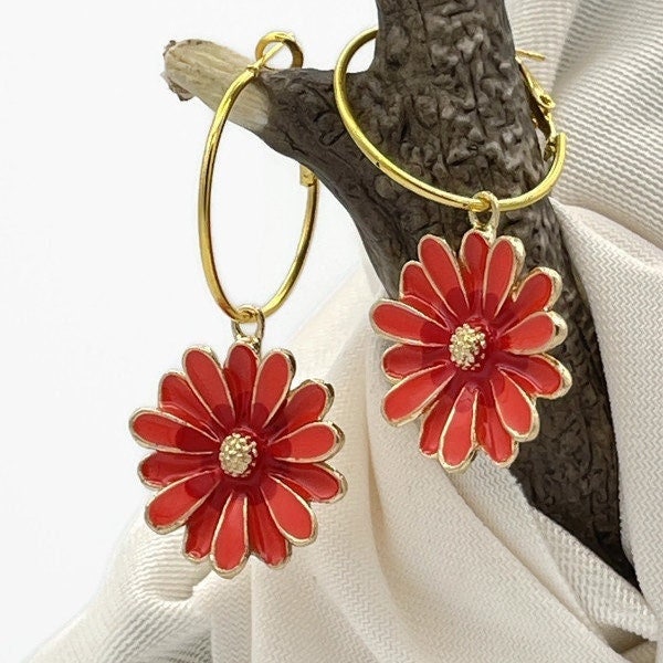 Daisy Hoop Earrings, Red Orange Flower Earrings, Floral Earrings, Daisy Jewelry, Enamel Earrings, Dangle Hoop Earrings, Statement Earrings