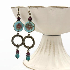 Blue Boho Flower Earrings, Czech glass earrings dangle, long, bohemian, blue & red earrings, floral jewelry, summer festival jewelry