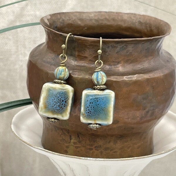 Rustic Ceramic Earrings Blue Earrings Square Bead Earrings Blue Dangle Earrings Glazed Bead Earrings for Her Rustic Ceramic Jewelry