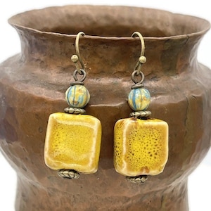 Rustic Ceramic Earrings, Mustard Yellow Square Bead Earrings, Yellow Dangle Earrings, Glazed Bead, Earrings for Her, Rustic Ceramic Jewelry