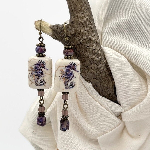 Seahorse Earrings Purple Amethyst Jasper Dangle Drop Earrings Beach Ocean Sea Life Long Purple Beaded Dangle Drop Gift for Marine Biologist