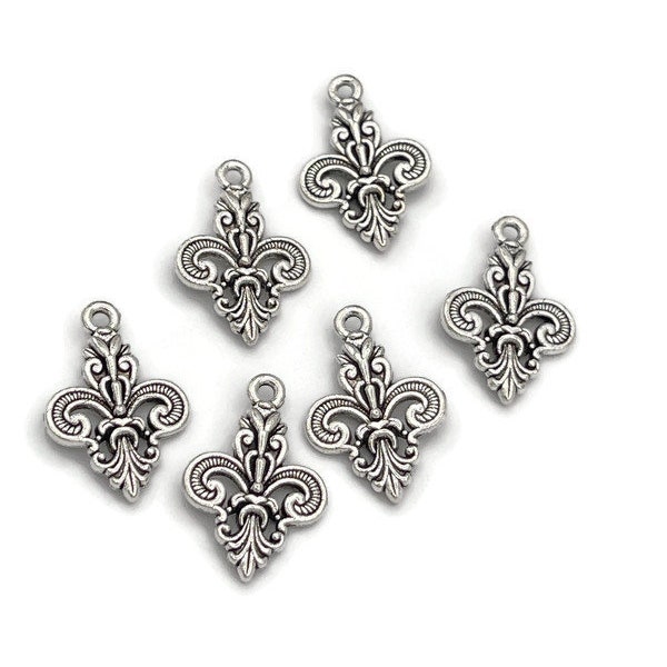 6 Fleur de Lis Charms Pendants Antique Silver Tone Double Sided, 25x16mm, New Orleans Mardi Gras French Charm Jewelry Making Supplies