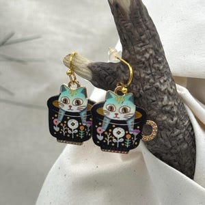 Black Teacup Cat Earrings, Enamel Kitty Charm Jewelry, Whimsical Novelty Dangles, Jewelry Gift for Feline Lover
