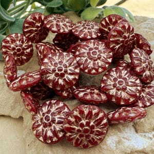 10 Ruby Red Dahlia Czech Glass Beads: Copper Wash Floral Coins