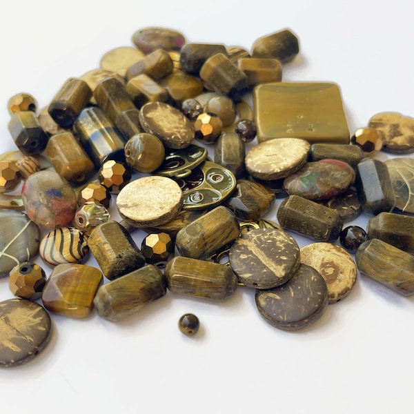 Brown Bead Mix, Brown Mixed Beads, Bead Soup, 70+ Assorted Sizes and Shapes, Shell, Wood, Tigers Eye, Mixed Glass Beads