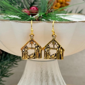 Nativity Earrings, Manger Earrings, Christmas Earrings, Star of Bethlehem, Baby Jesus, Religious Earrings, Gold Nativity, Advent