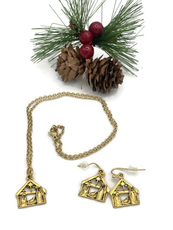Gold Nativity Necklace and Earrings Set Christmas Nativity Scene