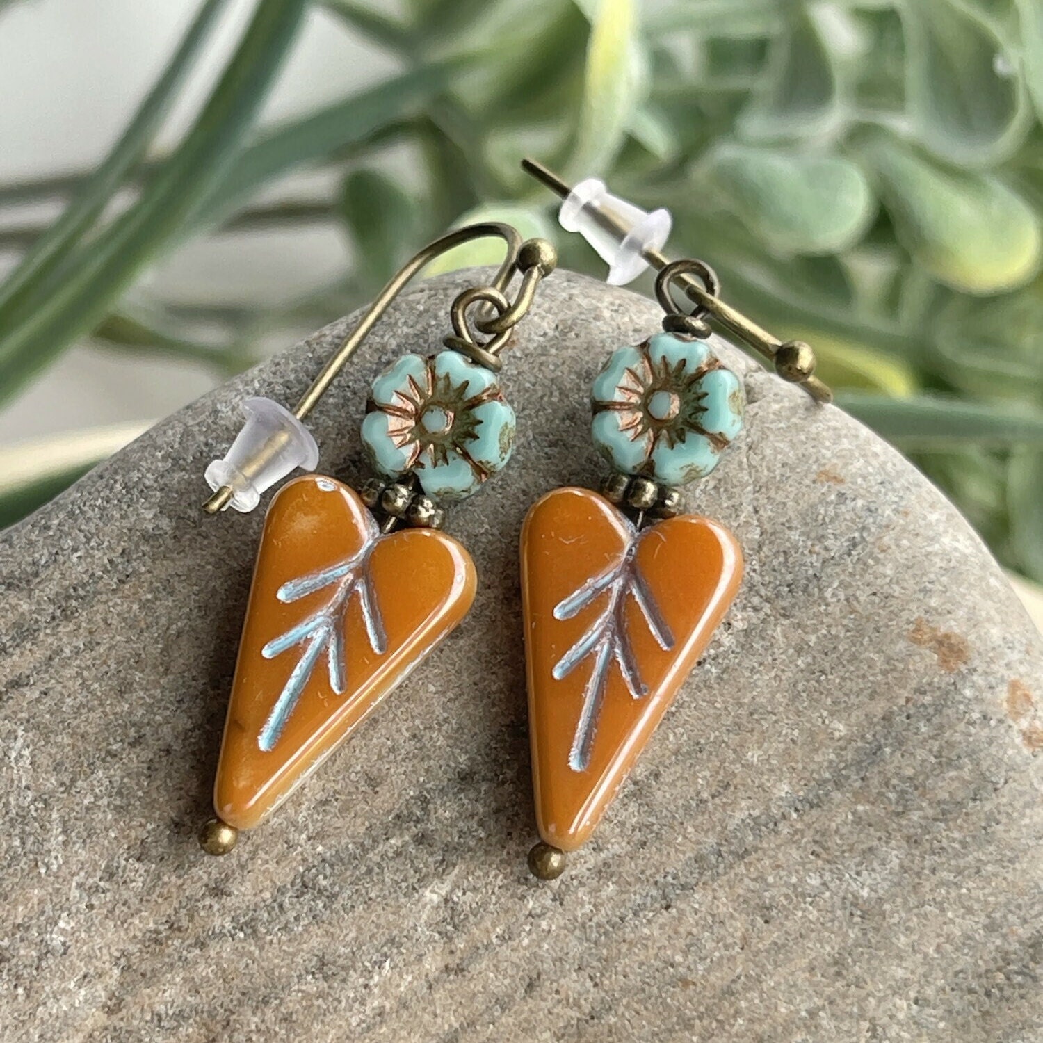 Boho Flower Heart Leaf Earrings, Blue Orange Botanical Summer Earrings, Czech Glass Dangle Drop, Gardeners Gift, Colorful Floral Jewelry