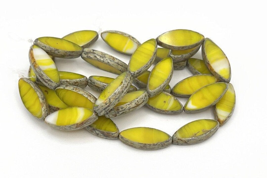 10 Yellow Spindle Beads, Czech Glass, 7x18mm Flat Oval, Lemon Yellow ...