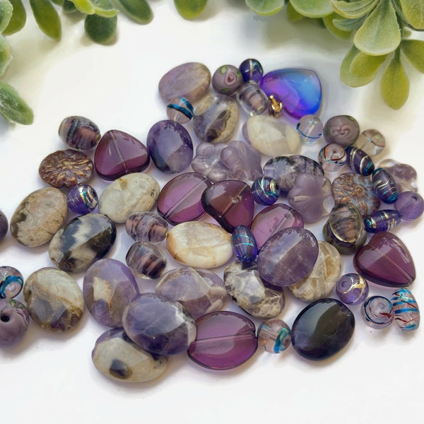 Purple Bead Mix, Bead Soup, Loose Purple Bead Lot, Mixed Purple Beads, Destash Beads, Glass, Czech, Vintage, Gemstone Beads, 58 beads