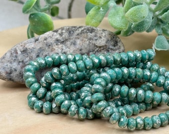 30 Small Sea Green Czech Glass Rondelle Beads, 3x5mm Faceted Beads with Silver Picasso Finish, Dainty Opaque Beads for Jewelry Making