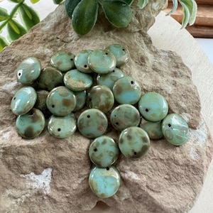 10 Sage Green Picasso Lentil Beads, 12mm Top Drilled Coin Beads, Czech Glass, Green Drop Beads for Jewelry Making,