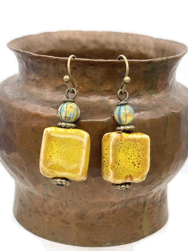 Rustic Ceramic Earrings, Mustard Yellow Square Bead Earrings, Yellow Dangle Earrings, Glazed Bead, Earrings for Her, Rustic Ceramic Jewelry