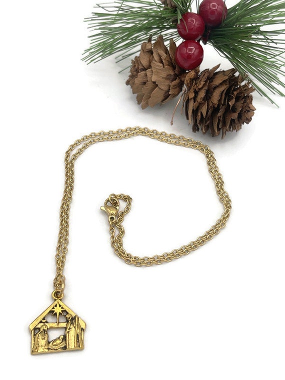 Gold Nativity Necklace and Earrings Set Christmas Nativity Scene