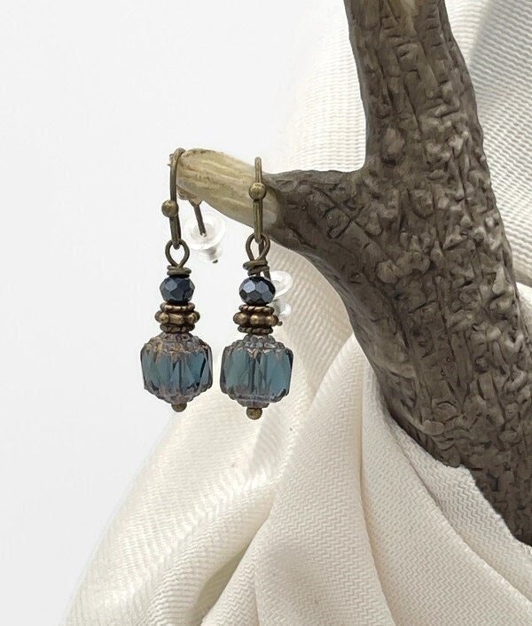 Montana Blue Small Earrings Czech Glass Cathedral Beaded Earrings Bronze Dangle Drop Simple Minimalist Jewelry Gift  Blue Glass Earrings