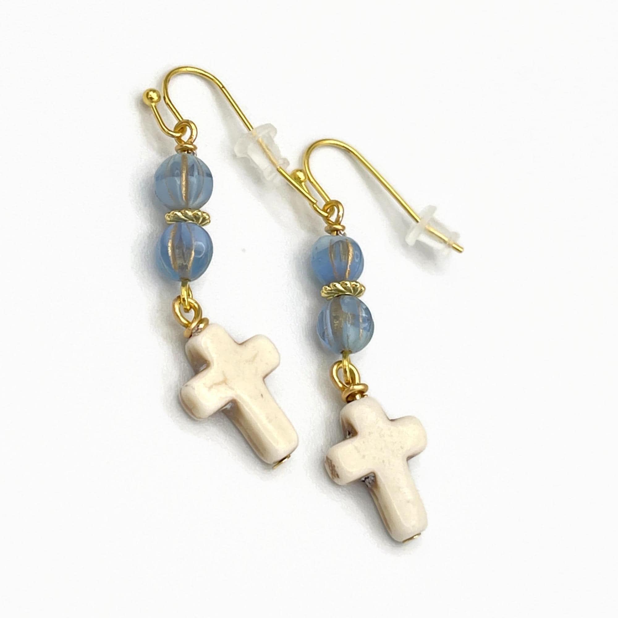 Cross Earrings White Stone Cross with Blue Czech Glass Beaded Dangle Earrings Religious Easter Christian Jewelry Confirmation Gift for Her