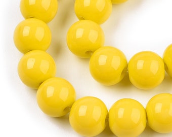 50 Light Mustard Gold Glass Beads, Yellow 8mm Round Smooth Opaque, Jewelry Making Supplies