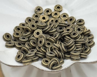 30 Bronze Spacer Beads, 6x3mm Flat Round Tibetan Style Metal Beads for Jewelry Making, Antique Brass Disc