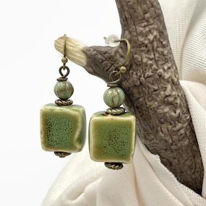Rustic Ceramic Earrings Olive Green Earrings Square Bead Earrings Green Dangle Earrings Glazed Bead Earrings for Her Rustic Ceramic Jewelry