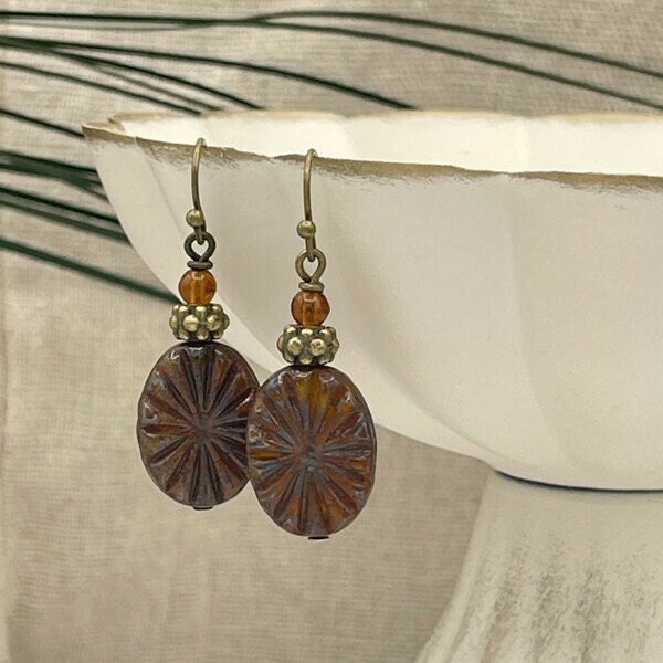 Burnt Orange Maroon Textured Czech Glass Dangle Earrings for Fall Chunky Drop Earrings Starburst Pattern