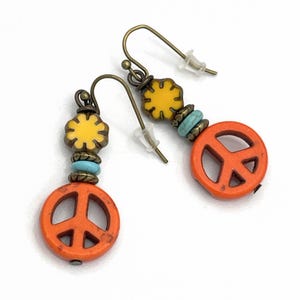 Peace Sign Earrings 70s Earrings Hippie Earrings Groovy Orange Yellow Blue Flower Earrings Retro Jewelry Howlite Stone Czech Glass
