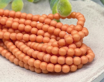 50 Small Orange Opaque Czech Glass Beads, 4mm Round, Smooth, Jewelry Making, Beading Supplies