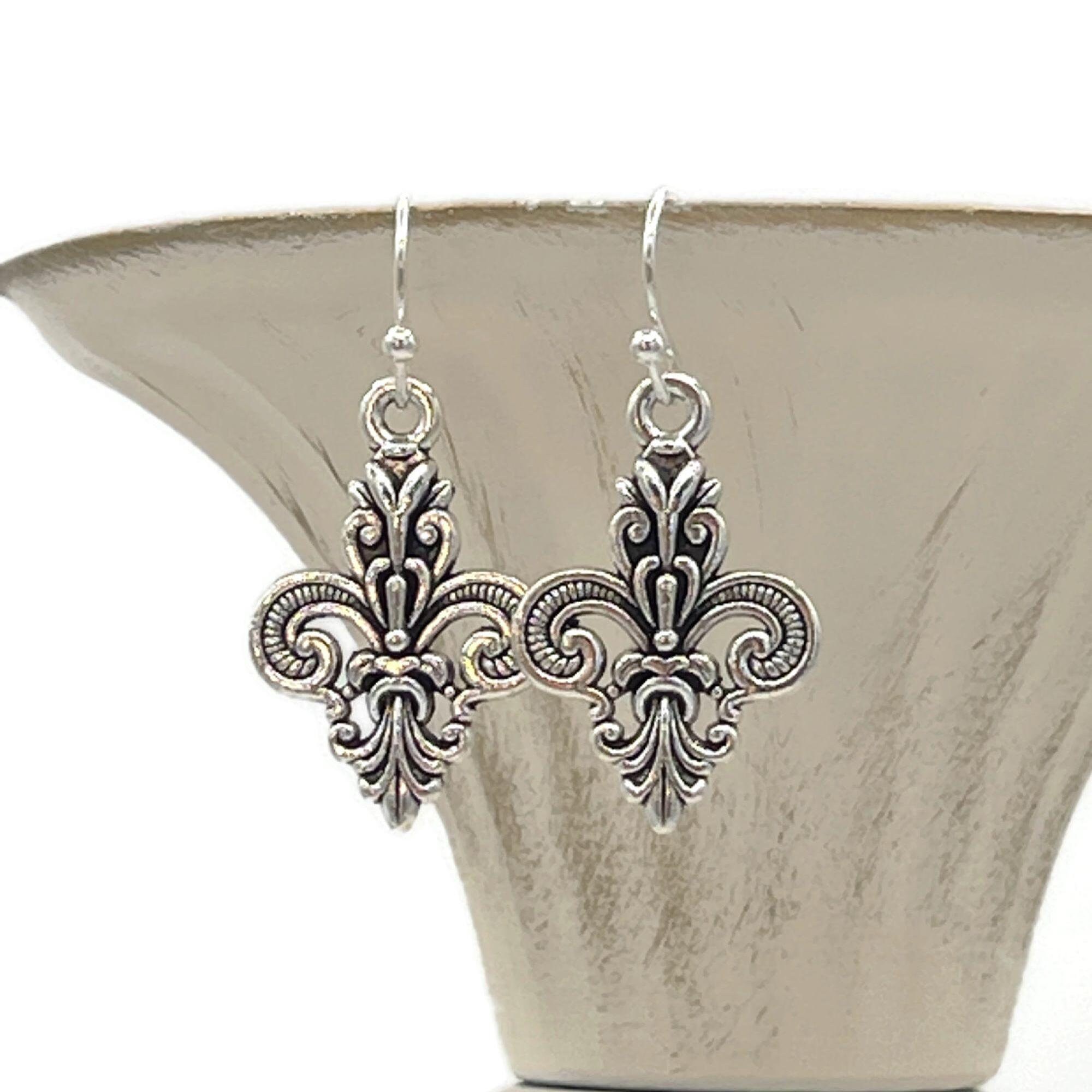 Fleur de Lis Earrings Silver Dangle Mardi Gras Earrings New Orleans French Jewelry Gift for Her Festival Jewelry