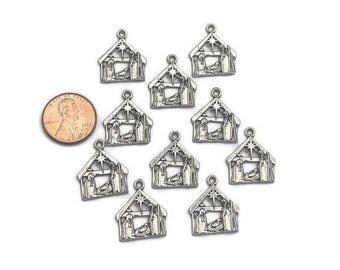 10 Nativity Charms, Bulk, Manger Scene, Pendants, Antique Silver, Christmas Charms, Star of Bethlehem, Baby Jesus, Mary and Joseph, Holy