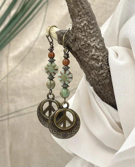 Peace Sign Earrings Long Hippie Earrings Orange and Green Beaded Peace Earrings Retro 70s Bohemian Style Dangle Drop Czech Glass Earrings