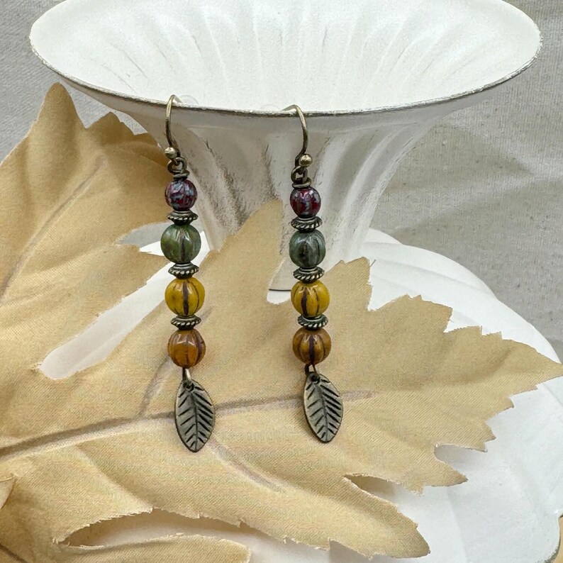 Stacked Fall Color Leaf Earrings, Czech Glass Beaded, Multicolor Dangle ...