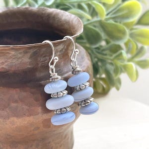 Light Blue Stacked Earrings - Irregular Glass Pebble Beaded Jewelry, Unique Silver Dangle Drops - Matte Opaque - Sea Glass Style