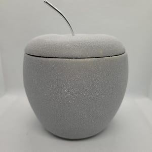 Könnte beinhalten: Ein grauer, apfelförmiger dekorativer Behälter mit strukturierter Oberfläche. Er hat einen silbernen Stiel und einen Deckel. Der Behälter ist als Apfel gestaltet.