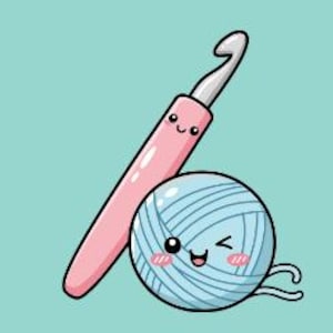 May include: A cartoon illustration of a pink crochet hook with a smiling face and a light blue yarn ball with a smiling face and blush. The background is a solid light teal color.
