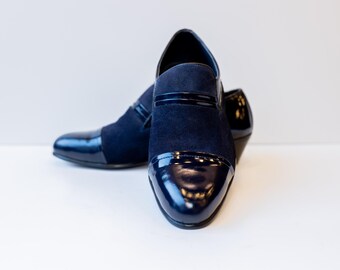 Handmade Navy Leather Oxford Shoes: Elegant Patent & Velvet Dress Shoes