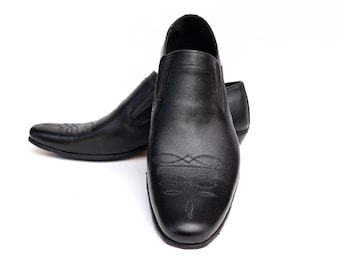 Handmade Black Leather Oxford Shoes: Patterned Dress Shoes