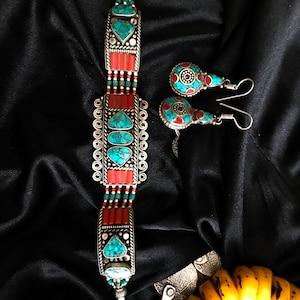 Unique and Rare Vintage Bohemian Bracelet and Earrings, Berber Bracelet and Earrings, Semi-precious Stones, Handcrafted in Tiznit, Morocco.