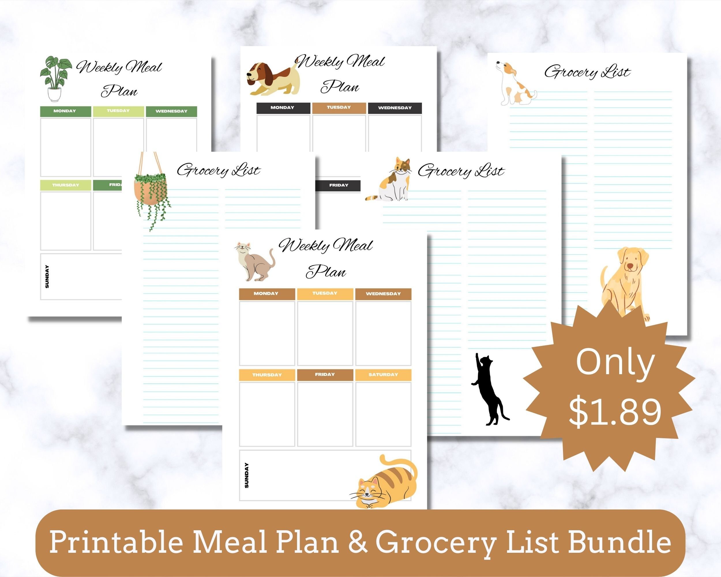 Printable Weekly Meal Plan &amp; Grocery List Bundle 10 Designs - Etsy