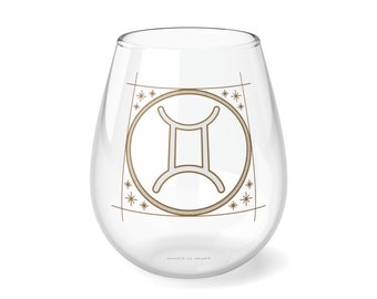 Zodiac Wine Glass, Stemless Wine Glass, Astrology Glass, Zodiac Gift, Birthday Glass, Gemini Wineglass, Evergreen Gift, 11.75 oz Glass