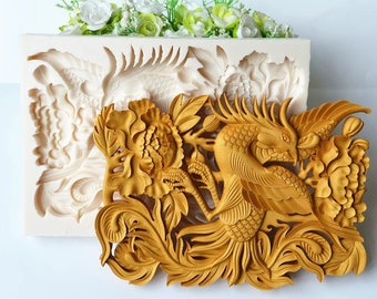 Moule Phoenix parmis les fleurs pour décoration de gâteaux / moule en silicone alimentaire / moule de décoration d'intérieure et fondant DIY